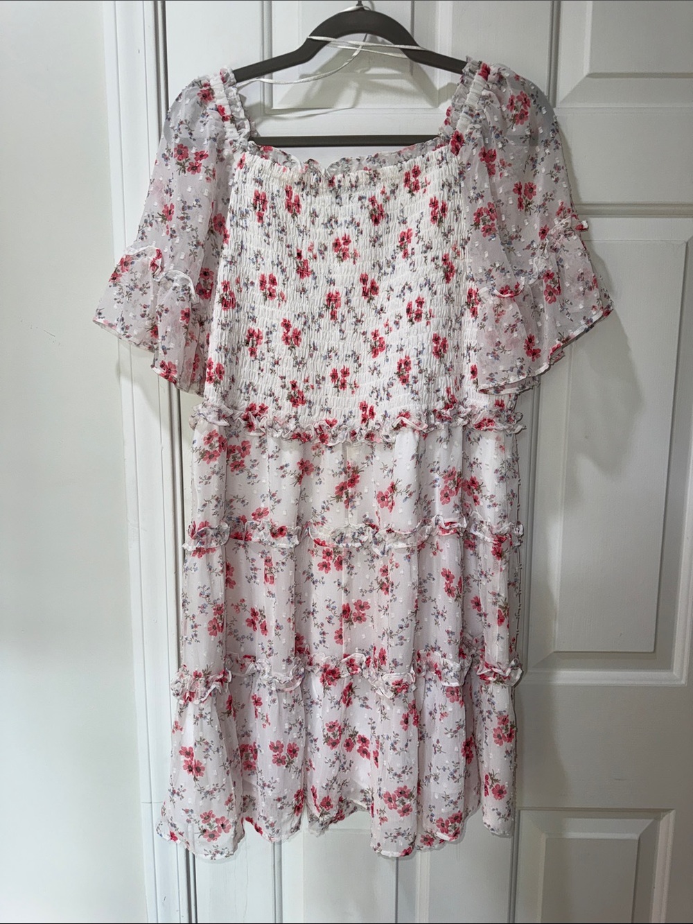 CeCe White Floral Smocked Dress with Coral and Blue Blooms - Picture 3 of 8
